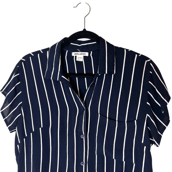 Billabong Tropical Crush Navy Blue Striped Button-Up Crop Top- Size Small - Picture 5 of 14